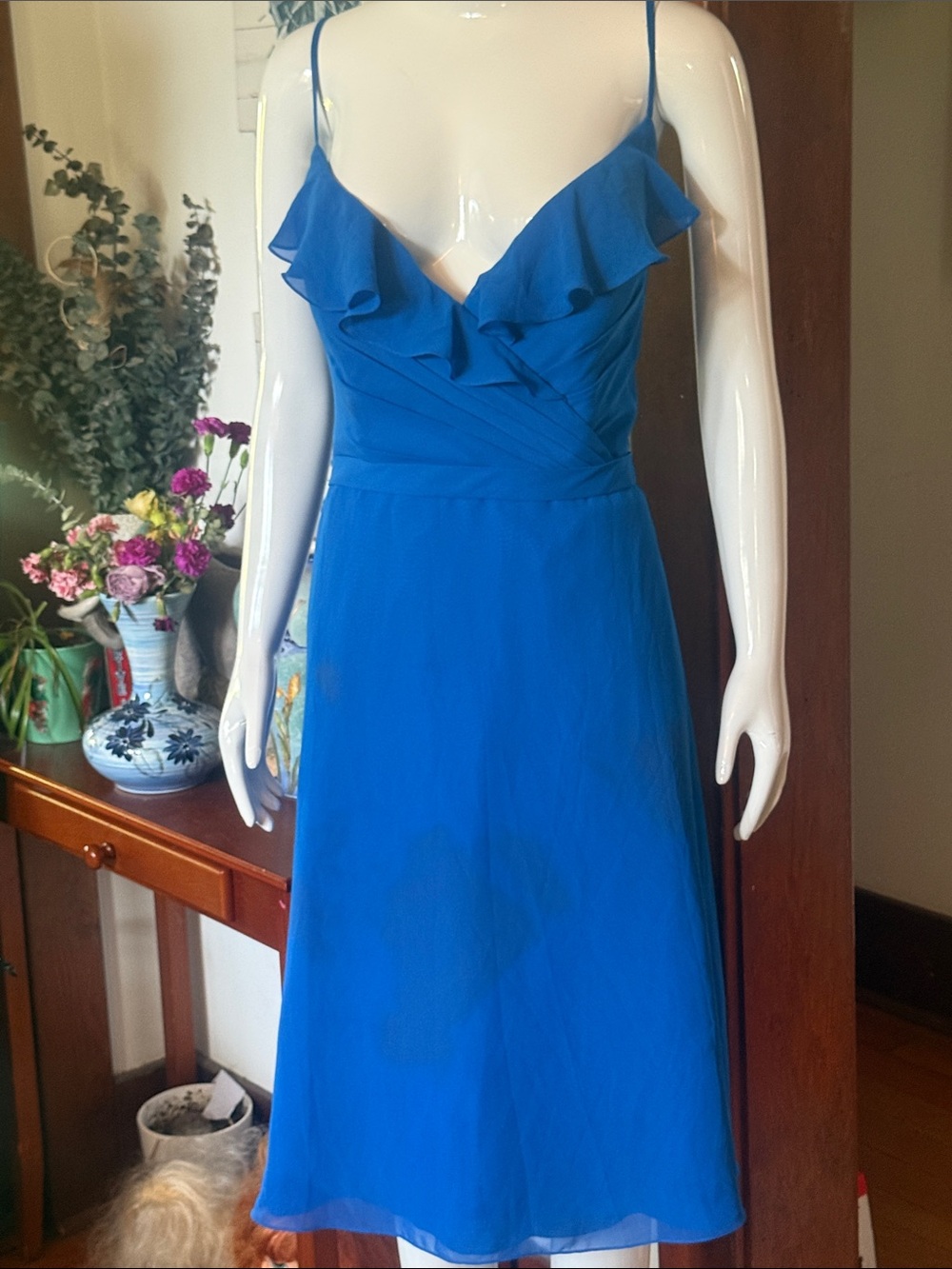 NWT Me Too bridesmaids Women’s Blue Ruffle V-Neck Spaghetti Strap Dress size 18